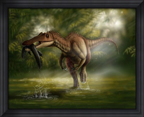 Framed Baryonyx dinosaur catches a fish out of water Print