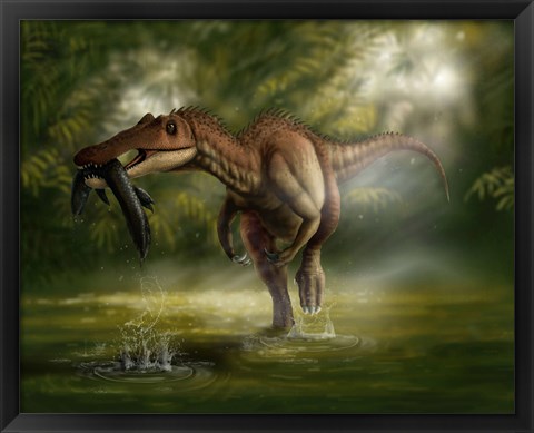 Framed Baryonyx dinosaur catches a fish out of water Print