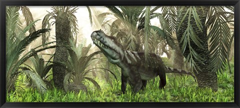 Framed archosaur wanders amidst cycads and ferns in a prehistoric swamp Print