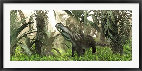 Framed archosaur wanders amidst cycads and ferns in a prehistoric swamp Print