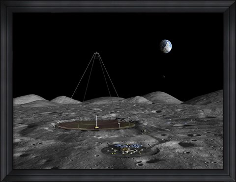Framed giant liquid mirror telescope lies nestled in a lunar crater Print