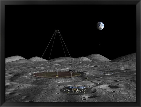 Framed giant liquid mirror telescope lies nestled in a lunar crater Print