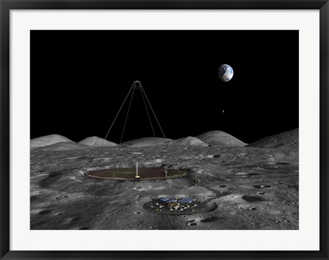 Framed giant liquid mirror telescope lies nestled in a lunar crater Print