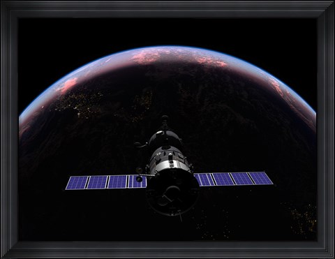 Framed Soyuz TMA-M spacecraft soars over the Atlantic Ocean at sunset Print