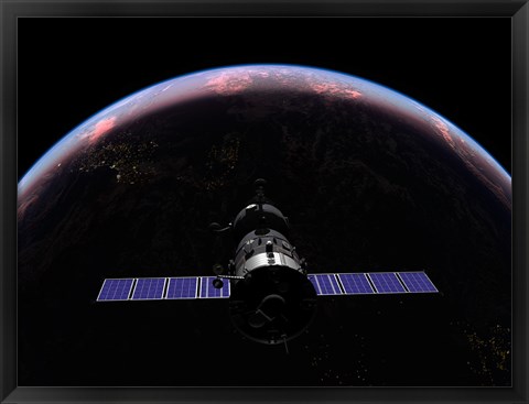 Framed Soyuz TMA-M spacecraft soars over the Atlantic Ocean at sunset Print
