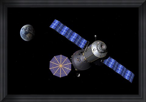 Framed Artist&#39;s concept of the Deep Space Vehicle docked to the Extended Stay Module Print
