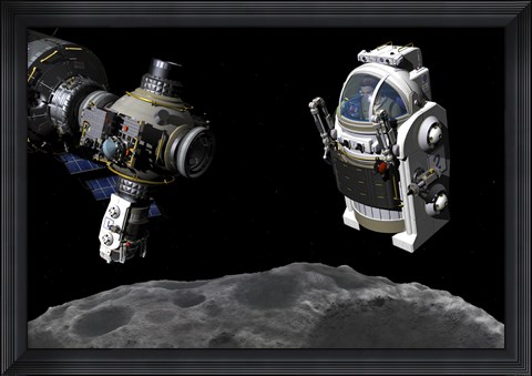 Framed Manned Maneuvering Vehicle prepares to descend to the surface of a small asteroid Print