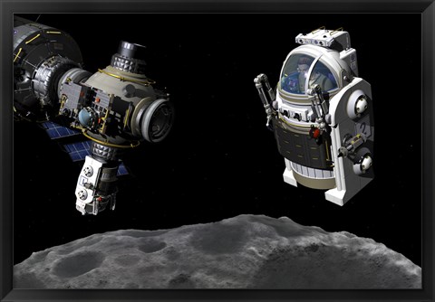 Framed Manned Maneuvering Vehicle prepares to descend to the surface of a small asteroid Print