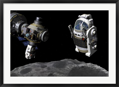 Framed Manned Maneuvering Vehicle prepares to descend to the surface of a small asteroid Print