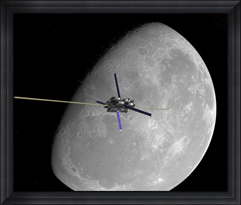 Framed manned lunar space elevator ascends from the surface of the moon Print