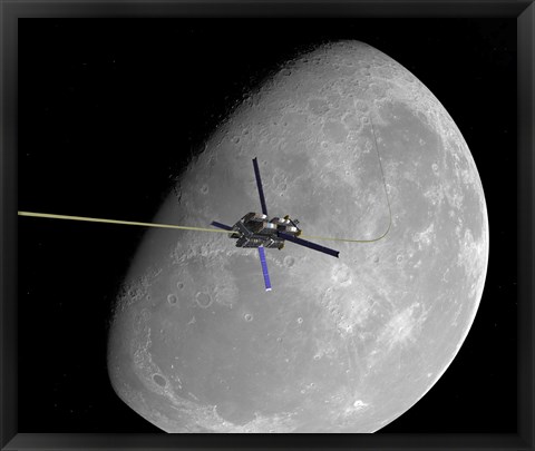 Framed manned lunar space elevator ascends from the surface of the moon Print