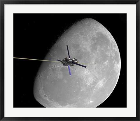 Framed manned lunar space elevator ascends from the surface of the moon Print
