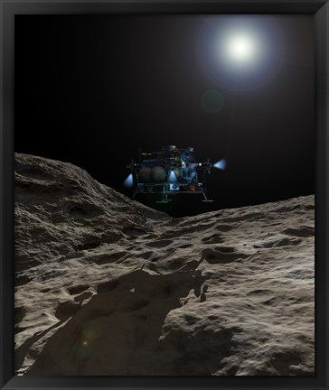 Framed manned Asteroid Lander approaches the desolate surface of an asteroid Print