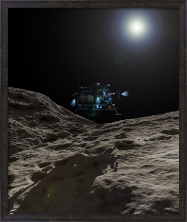 Framed manned Asteroid Lander approaches the desolate surface of an asteroid Print
