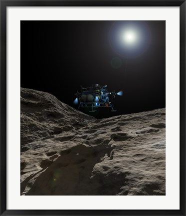 Framed manned Asteroid Lander approaches the desolate surface of an asteroid Print