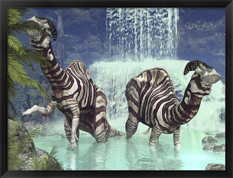 Framed pair of Parasaurolophus feed on flora near a waterfall Print