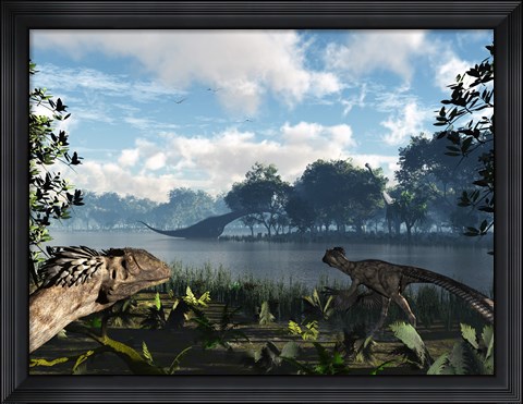 Framed Sauroposeidon graze while feathered Deinonychus look on Print