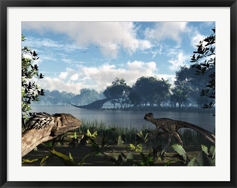 Framed Sauroposeidon graze while feathered Deinonychus look on Print