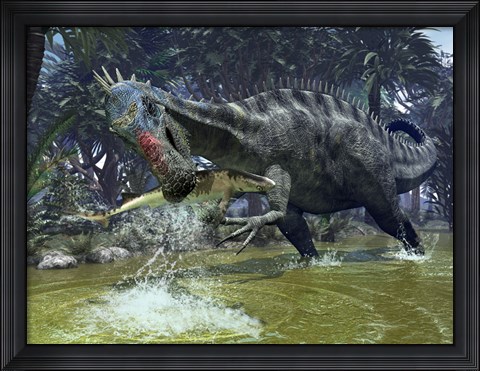 Framed Suchomimus snags a shark from a lush estuary Print