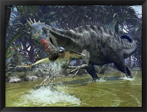Framed Suchomimus snags a shark from a lush estuary Print