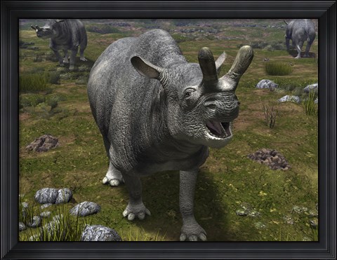 Framed Brontotherium leaves his forest habitat in search of a meal Print