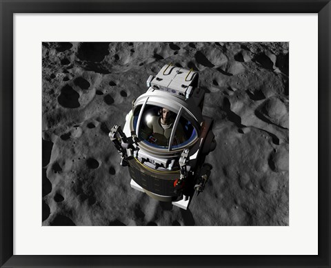 Framed astronaut piloting a Manned Maneuvering Vehicle above the surface of an asteroid Print