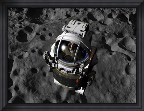 Framed astronaut piloting a Manned Maneuvering Vehicle above the surface of an asteroid Print