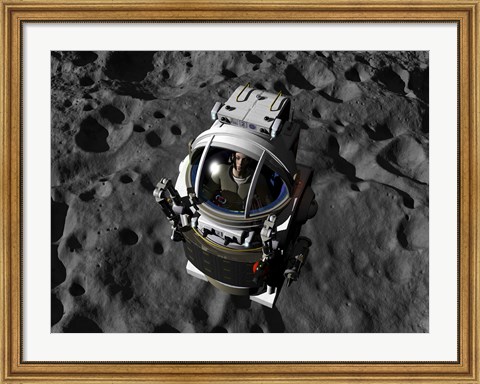 Framed astronaut piloting a Manned Maneuvering Vehicle above the surface of an asteroid Print
