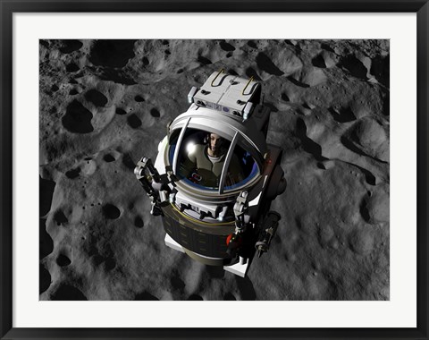 Framed astronaut piloting a Manned Maneuvering Vehicle above the surface of an asteroid Print