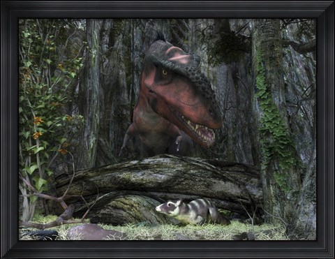 Framed rat-sized Purgatorius hides from a Bistahieversor dinosaur in a cretaceous forest Print