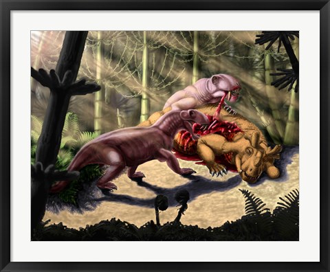 Framed Biarmosuchus predators eating the flesh of a Estemmenosuchus Print