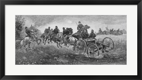 Framed Vintage Civil War print of a team of horses pulling a cannon into battle Print