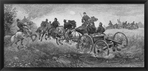 Framed Vintage Civil War print of a team of horses pulling a cannon into battle Print