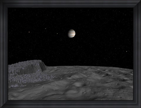 Framed Artist&#39;s Concept of a View Across The Surface of Themisto towards Jupiter and its Moons Print