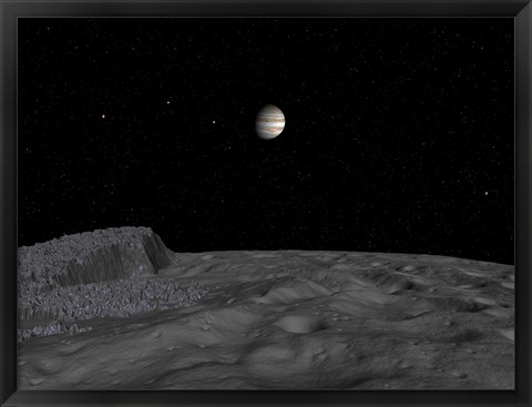 Framed Artist&#39;s Concept of a View Across The Surface of Themisto towards Jupiter and its Moons Print