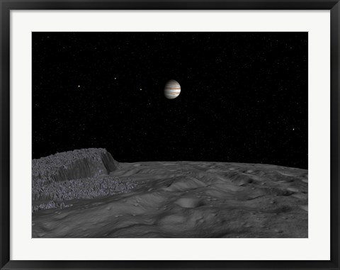 Framed Artist&#39;s Concept of a View Across The Surface of Themisto towards Jupiter and its Moons Print