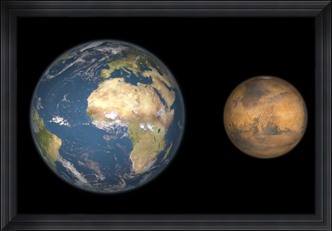 Framed Artist&#39;s Concept Comparing the Size of Mars with that of the Earth Print