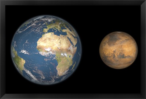 Framed Artist&#39;s Concept Comparing the Size of Mars with that of the Earth Print