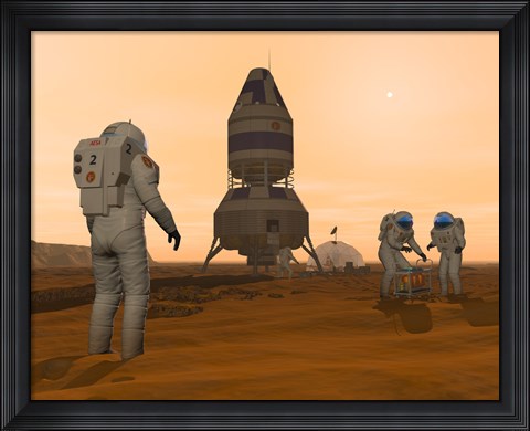 Framed Illustration of Astronauts Setting up a Base on the Martian Surface around their Lander Vehicle Print