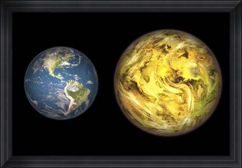Framed Illustration Comparing the Size of Extrasolar Planet Gliese 581 C with that of the Earth Print