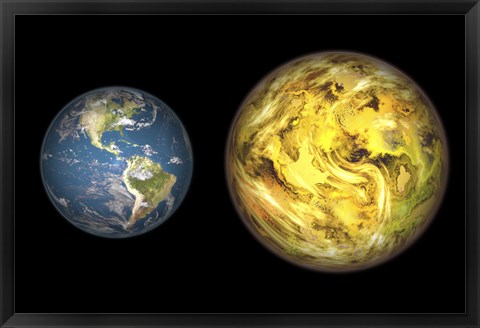 Framed Illustration Comparing the Size of Extrasolar Planet Gliese 581 C with that of the Earth Print