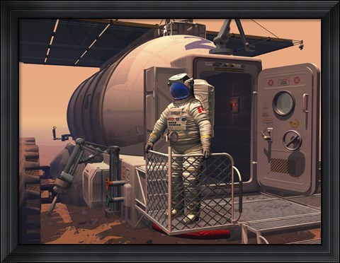 Framed Illustration of an Astronaut Leaving their Mars Rover Vehicle to Explore the Planet&#39;s Surface Print