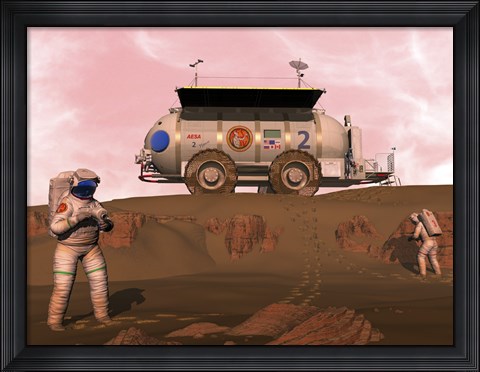 Framed Illustration of Astronauts Examining an Outcrop of Sedimentary Rock on a Martian Dune Field Print