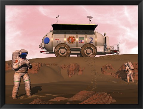 Framed Illustration of Astronauts Examining an Outcrop of Sedimentary Rock on a Martian Dune Field Print