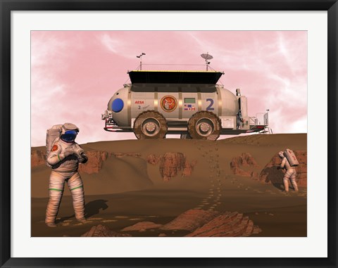 Framed Illustration of Astronauts Examining an Outcrop of Sedimentary Rock on a Martian Dune Field Print