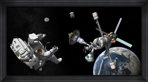 Framed Mars Cycler Travels by the Earth While Two Astronauts Watch From Afar Print