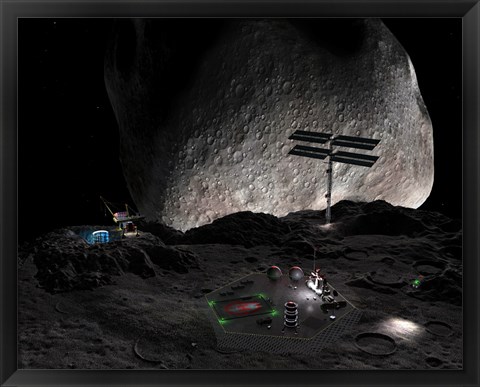 Framed Artist&#39;s Concept of a Mining Settlement on the Double Asteroid 90 Antiope Print