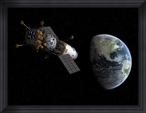 Framed Illustration of a Lunar Tug Propelling itself into Earth Orbit Print