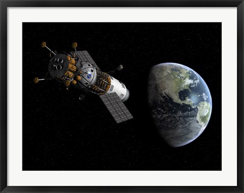 Framed Illustration of a Lunar Tug Propelling itself into Earth Orbit Print