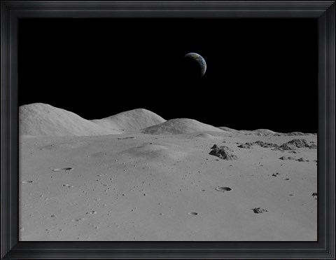 Framed Artist&#39;s Concept of a View Across the Surface of the Moon Towards Earth in the Distance Print